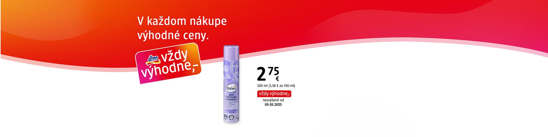 Reklama s fľašou suchého šampónu Balea a cenou 2,75 € na farebnom pozadí