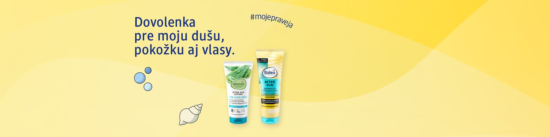 Dve tuby after sun prípravkov na žltom pozadí s textom o dovolenke pre dušu pokožku aj vlasy