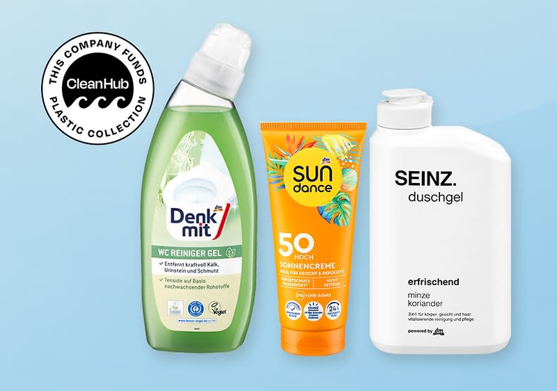 Drei Produktverpackungen nebeneinander: links grün-weißes Paket Denk mit WC Reiniger Gel, Mitte orange Tube sundance 50+ Sonnencreme sehr hoher Schutz, rechts weiße Flasche SEINZ. duschgel erfrischend minze koriander