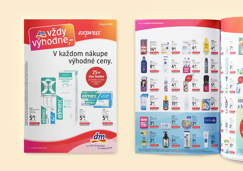 Dvojstránkový katalóg výrobkov dm s reklamou na zubné pasty a rôzne drogériové produkty
