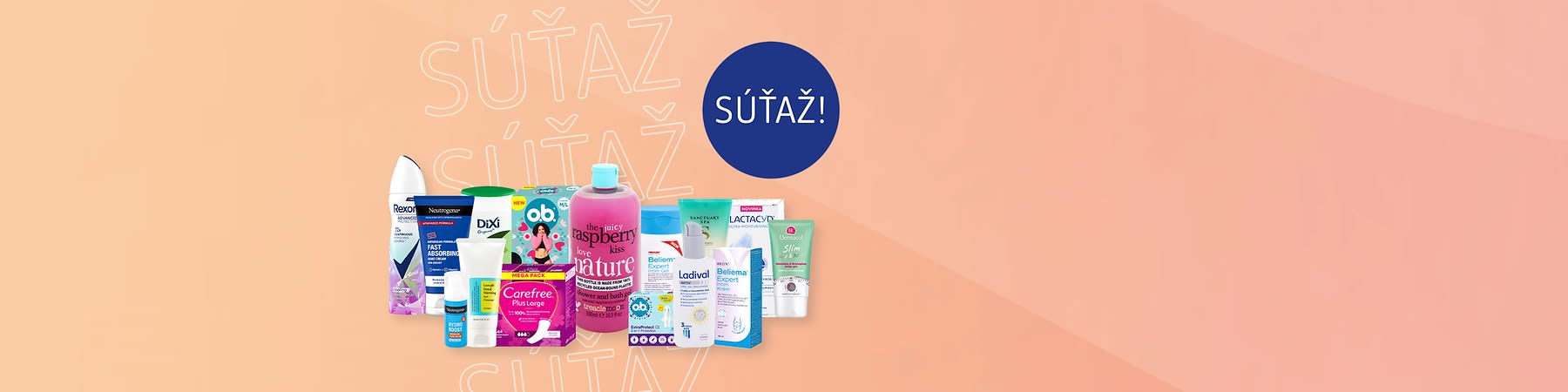 Súťažný obrázok s viacerými produktami osobnej hygieny na ružovom pozadí