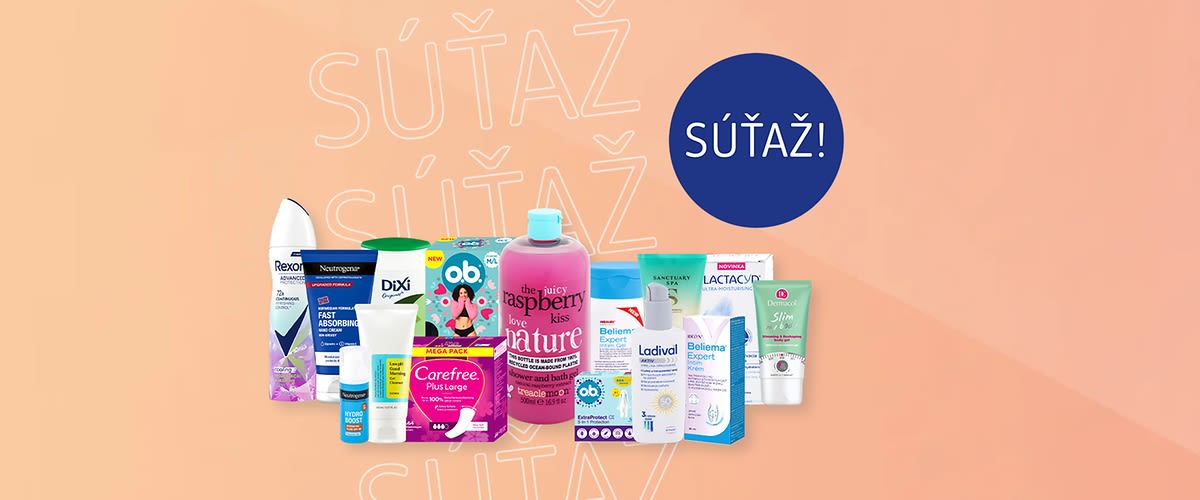 Súťažný obrázok s viacerými produktami osobnej hygieny na ružovom pozadí
