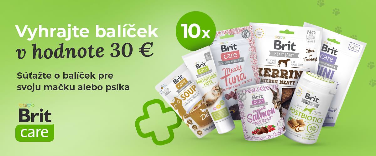 Reklamný plagát o súťaži o balíček krmiva Brit Care v hodnote 30 € pre mačku alebo psa