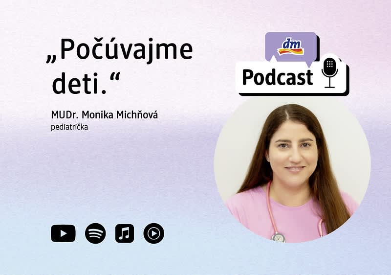 Podcastová grafika s titulom „Počúvajme deti“, menom MUDr. Monika Michňová, fotografia pediatričky a ikony prehrávačov zvuku