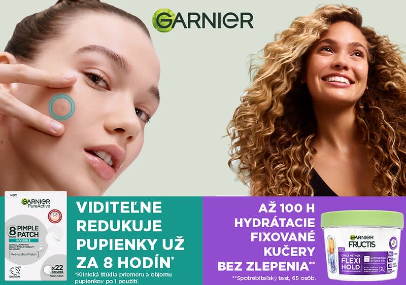 Dve modelky prezentujúce kozmetiku Garnier, vľavo aplikácia náplasti na pupienok, vpravo usmievavá žena s kučerami