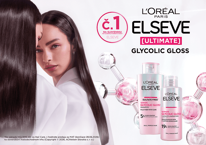 Dve ženy stojace bokom a tvárou k sebe, obe s veľmi lesklými rovnými tmavými vlasmi, v popredí tri produkty L'Oréal Paris Elseve Ultimate Glycolic Gloss – šampón v modro-bielej fľaši s nápisom „GLYCOLIC GLOSS“, kondicionér v menšej ružovo-bielej tube a sprej v priehľadnej fľaštičke, vpravo hore logo L'Oréal Paris ELSEVE [ULTIMATE] Glycolic Gloss a kruhová pečať s textom „č.1 na Slovensku“