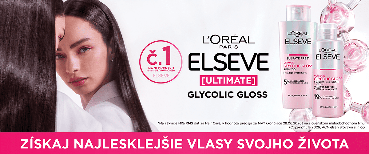 Dve ženy s dlhými lesklými vlasmi otočené čelom kameře, v strede logo L'Oréal Paris ELSEVE ULTIMATE Glycolic Gloss a označenie „č. 1 na Slovensku“, vpravo tri ružovo-biele fľaštičky produktov Elseve Glycolic Gloss, v spodnej časti ružový pruh s nápisom „ZÍSKAJ NAJLESKLEJŠIE VLASY SVOJHO ŽIVOTA”