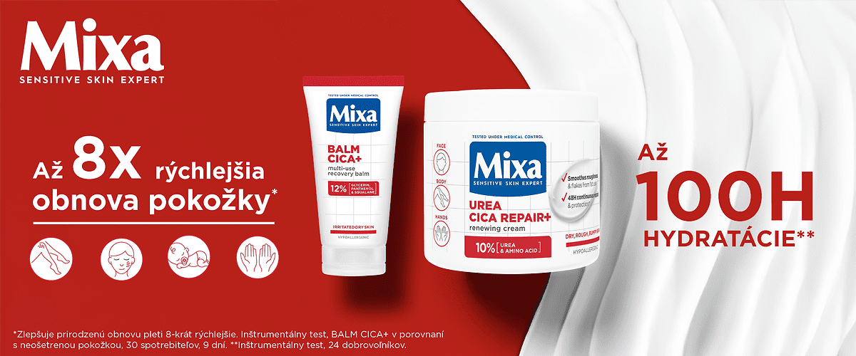 Červené reklamné bannerové zobrazenie značky Mixa s dvoma produktami krémového balenia v strede: vľavo biela tuba Mixa BALM CICA+ 40 ml, vpravo veľký biely hrnček Mixa UREA CICA REPAIR+ 200 ml, text „Až 8x rýchlejšia obnova pokožky“ vľavo a „Až 100H hydratácie“ vpravo