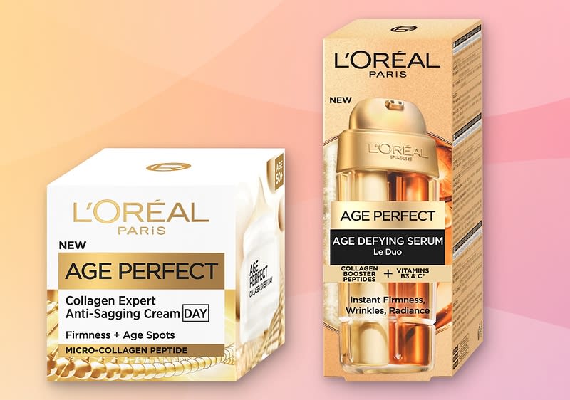Dve produktové balenia L'Oréal Paris Age Perfect vedľa seba na ružovo-oranžovom pozadí: vľavo biela krabica denného krému s nápismi „L'Oréal Paris“, „Age Perfect“, „Collagen Expert Anti-Sagging Cream DAY“, „Firmness + Age Spots“ a „Micro-Collagen Peptide“, vpravo zlaté balenie séra s nápismi „L'Oréal Paris“, „Age Perfect“, „Age Defying Serum“ a „Collagen Booster + Vitamins B3 & C“