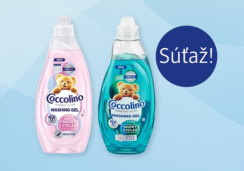 Dve fľaše pracieho gélu Coccolino Wonder Wash vedľa seba na svetlomodrom pozadí; vľavo ružová fľaša s nápisom „Coccolino Washing Gel“, „Short Cycles“ a symbolom medvedíka, označenie „Sensitive“, vpravo modrozelená fľaša s rovnakým medvedíkom, nápisom „Speed & Clean“ a kruhovým tmavomodrým štítkom s textom „Súťaž!“