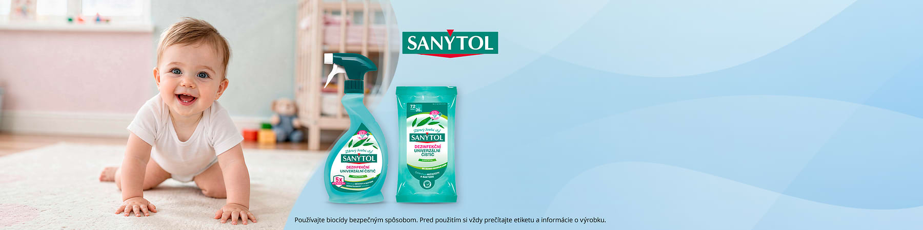 Produkty Sanytol na modrom pozadí s logom v pracom rohu