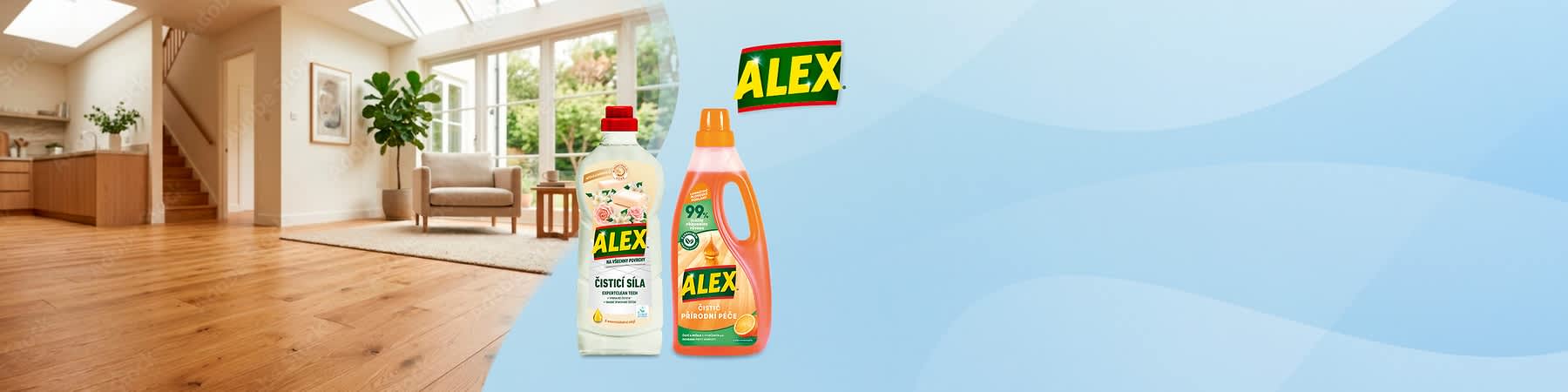Produkty Alex na modrom pozadí s logom pravom rohu