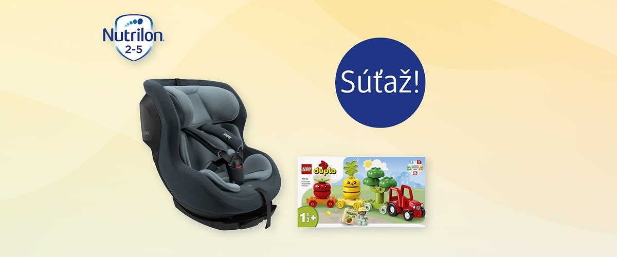 Tmavosivá detská autosedačka s piatibodovým pásom vedľa krabice stavebnice LEGO DUPLO s obrázkom červeného traktora, usmievavých žltých a červených postavičiek a nápisom „1½+“, v ľavom hornom rohu logo Nutrilon a vpravo modrý kruh s bielym nápisom „Súťaž!“