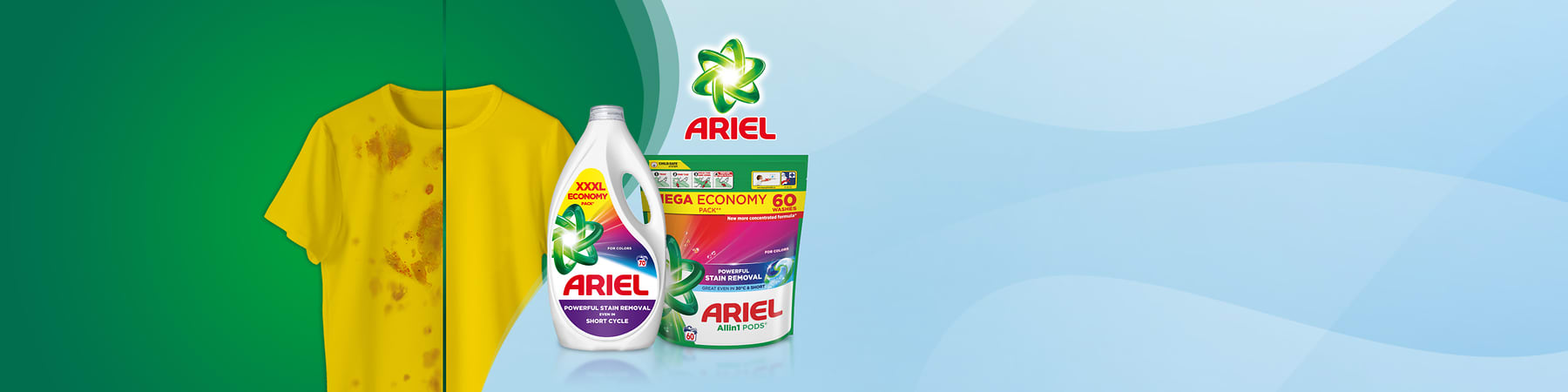 Žlté tričko so škvrnami na ľavej polovici, v pravej polovici čisté, pred ním fľaša Ariel pracieho prostriedku s nápisom „XXXL ECONOMY“ a „Powerful stain removal short cycle“ a vedľa obal Ariel Allin1 PODS s nápisom „MEGA ECONOMY 60 PACK“ a logo Ariel