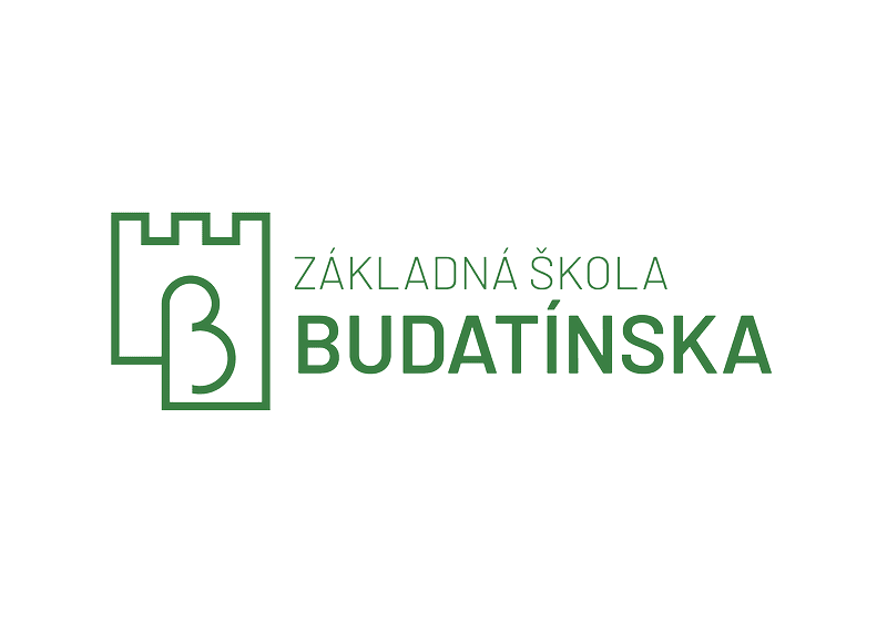 Logo základnej školy Budatínska zelenou obrysnou grafikou obsahujúce štít so stĺpmi a písmeno B vľavo a text „ZÁKLADNÁ ŠKOLA BUDATÍNSKA“ vpravo