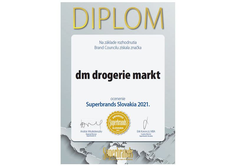 Diplom Superbrands Slovakia 2021 pre dm drogerie markt