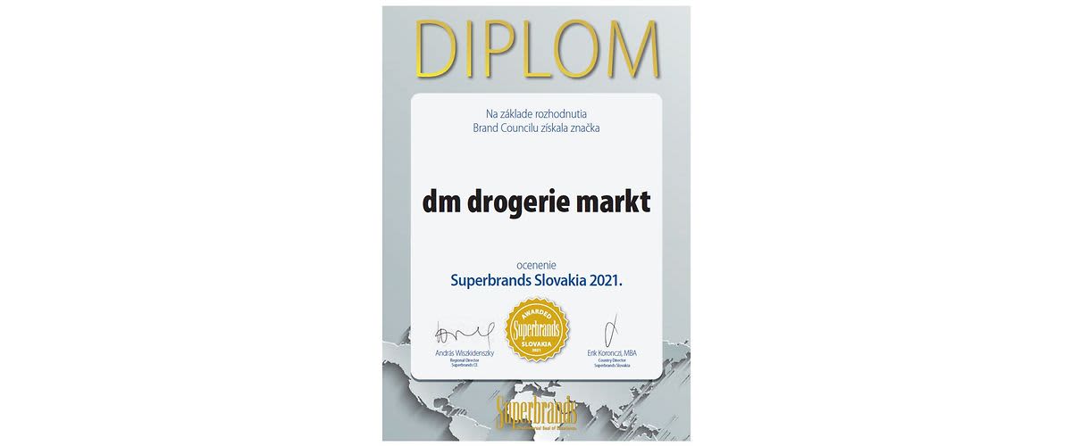 Diplom Superbrands Slovakia 2021 pre dm drogerie markt