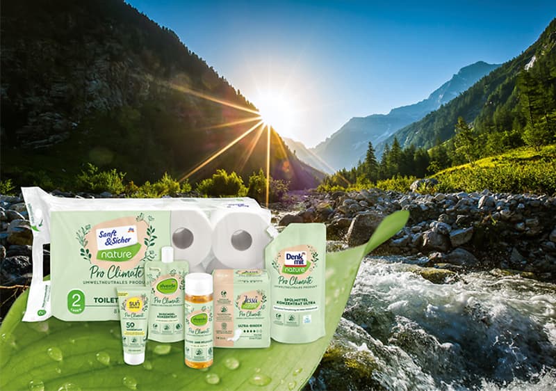 Produkty vlastných značiek dm z radu Pro Climate; pozadie s prírodou