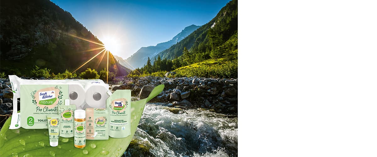 Produkty vlastných značiek dm z radu Pro Climate; pozadie s prírodou