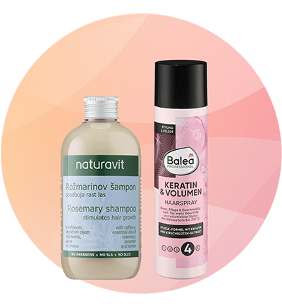 Naravovit rožmarin šampon in Balea keratin & volumen lak za lase