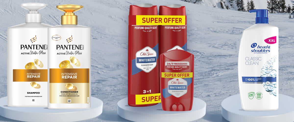 Alt-Text Pantene balzam in Old Spice gel ter deodorant na snežni podlagi