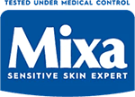 Modro ozadje z belim napisom Mixa in podnapisom Sensitive skin expert