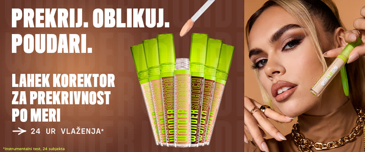NYX profesionalna ličila ženska drži puder rožnata ozadje tekst Končno na voljo v Sloveniji