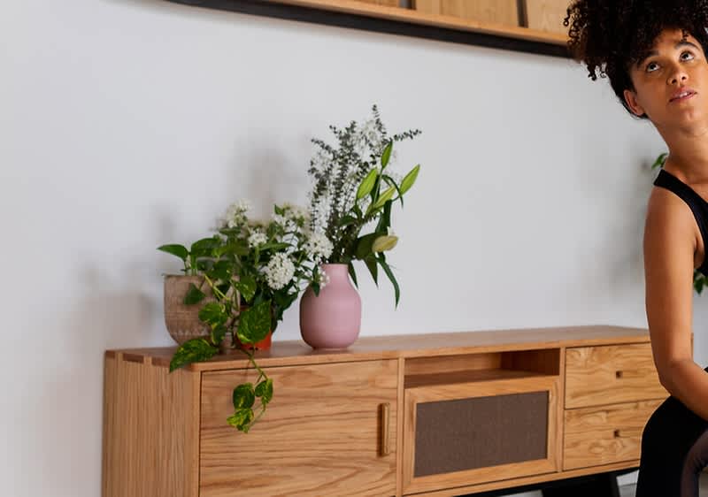 Lesena omarica z vazo in rastlinami