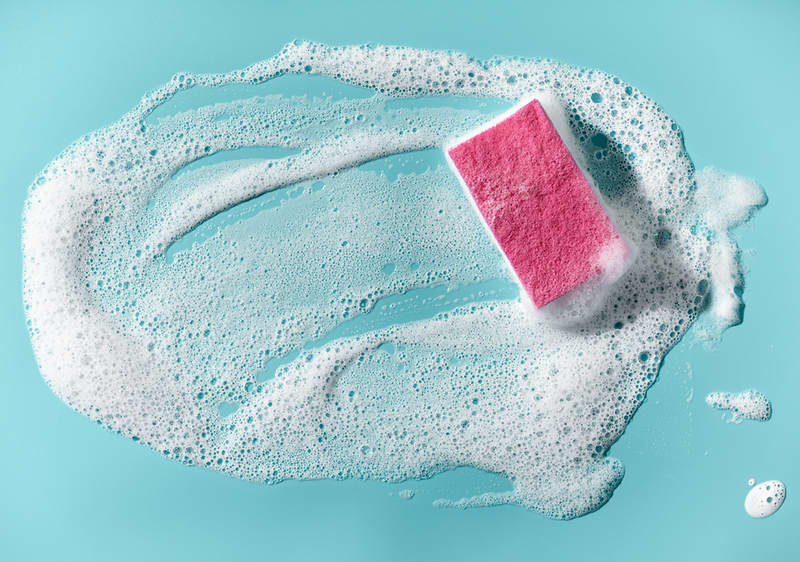 Roza gobica na milni peni na modri površini