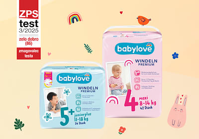 Plenice babylove z oznako ZPS test zmagovalec in motivi srčkov ter zajčka