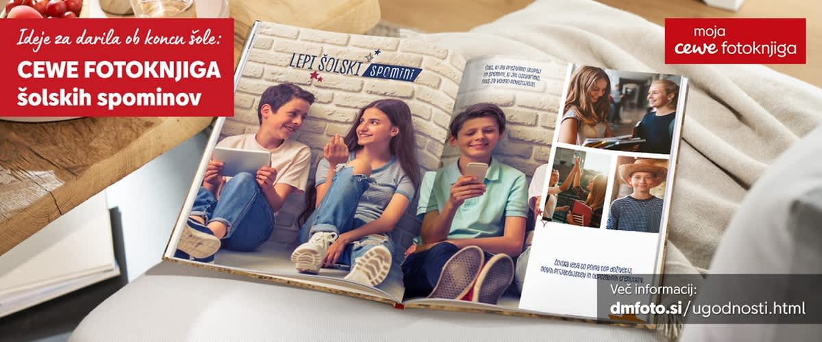 Fotografije otrok na travi z zamegljenimi obrazi in promocijsko besedilo za popust