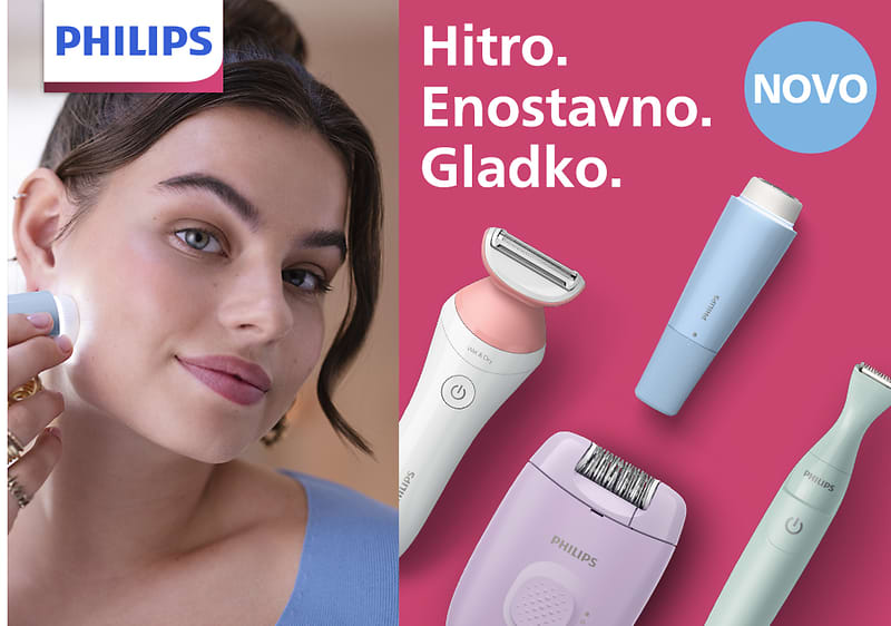 Alt-Text: Philips izdelki za nego kože, vključno z brivnikom, epilatorjem in čistilcem kože