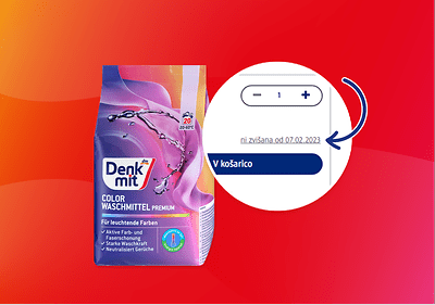 Alt-Text Embalaža pralnega praška Denkmit na rdečem ozadju