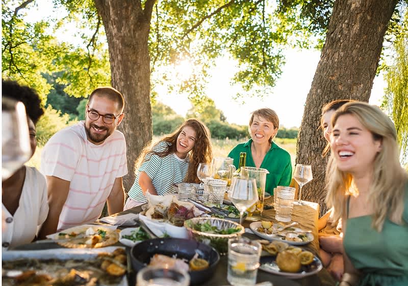 Alt-Text: Piknik pod drevesi z mizo polno hrane in pijače na sončen dan.