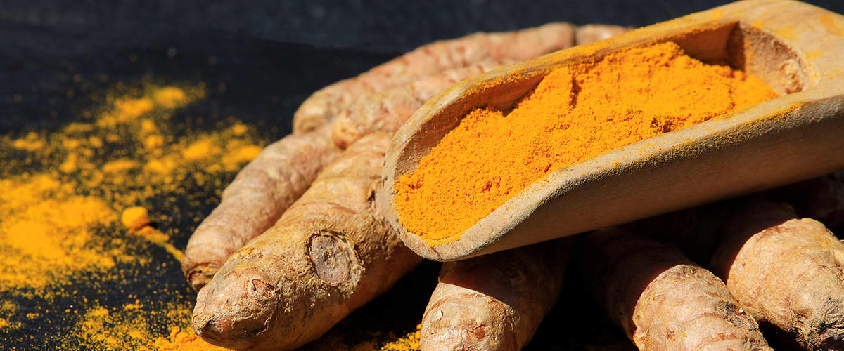 Alt-Text Kurkuma v prahu in korenine na temnem ozadju
