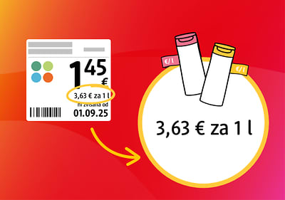 Cena 3,63 € za 1 l na etiketi izdelka s tremi barvnimi pokrovčki