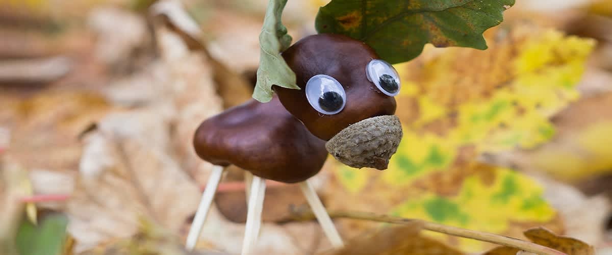 Alt-Text Kostanjev jelenček z očmi iz plastike in želodom kot nos