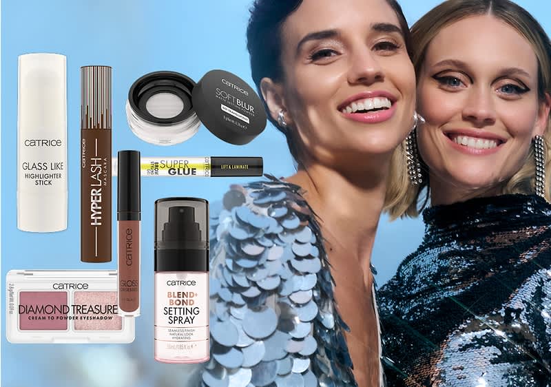 Kolaž kozmetičnih izdelkov z bleščicami in modnim ozadjem