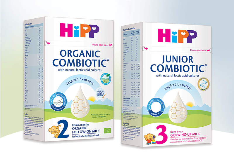 Alt-Text HiPP mleko za dojenčke in malčke v embalaži
