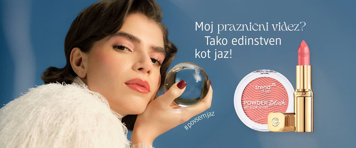 Alt-Text Praznični videz z rdečilom za ustnice in lica ter žensko z rdečimi ustnicami