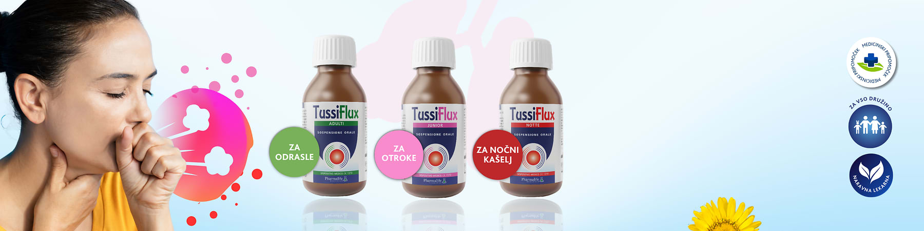 Alt-Text Sončni zahod z logotipi medicinske nege, družine in naravne lekarne