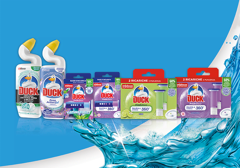 Alt-Text Izdelki Duck za čiščenje WC školjke na modrem ozadju