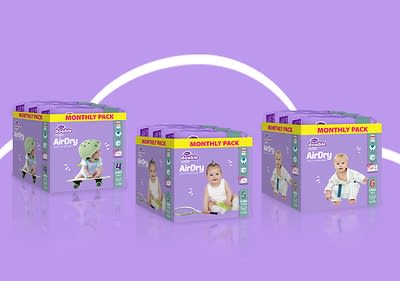 Alt-Text Paketi plenic AirDry z dojenčki na vijoličnem ozadju