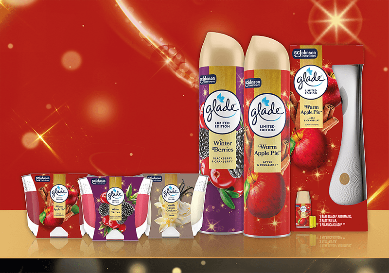 Alt-Text Glade zimski vonji osvežilcev zraka na rdečem ozadju