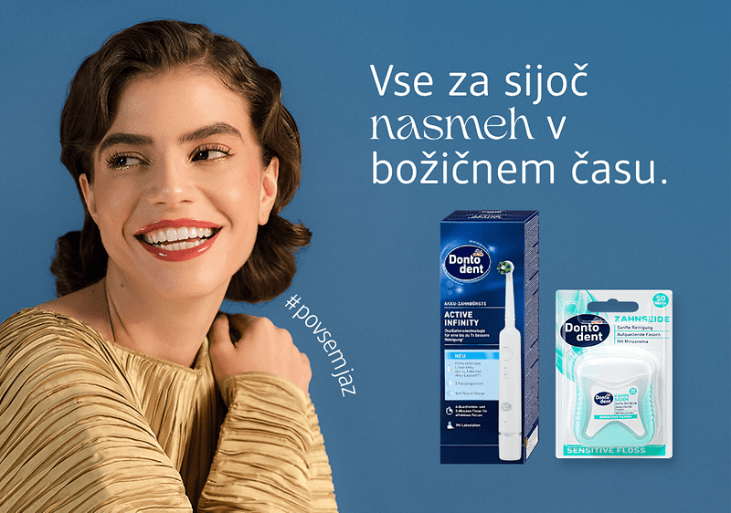 Alt-Text Pakiranje zobne nitke na modrem ozadju z besedilom