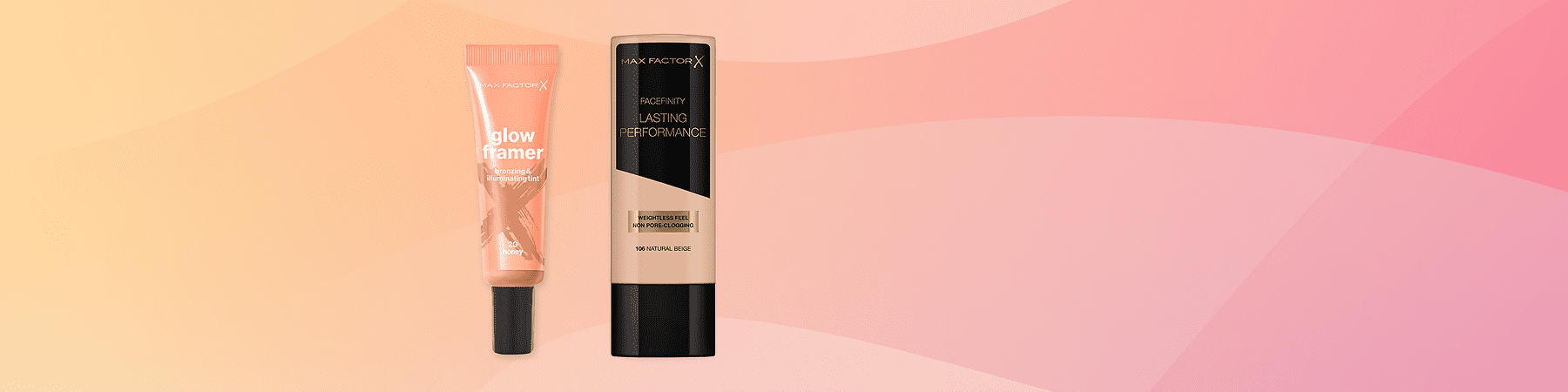 Alt-tekst: Kozmetični izdelki Max Factor, vključno z osvetljevalcem in tekočo podlago.