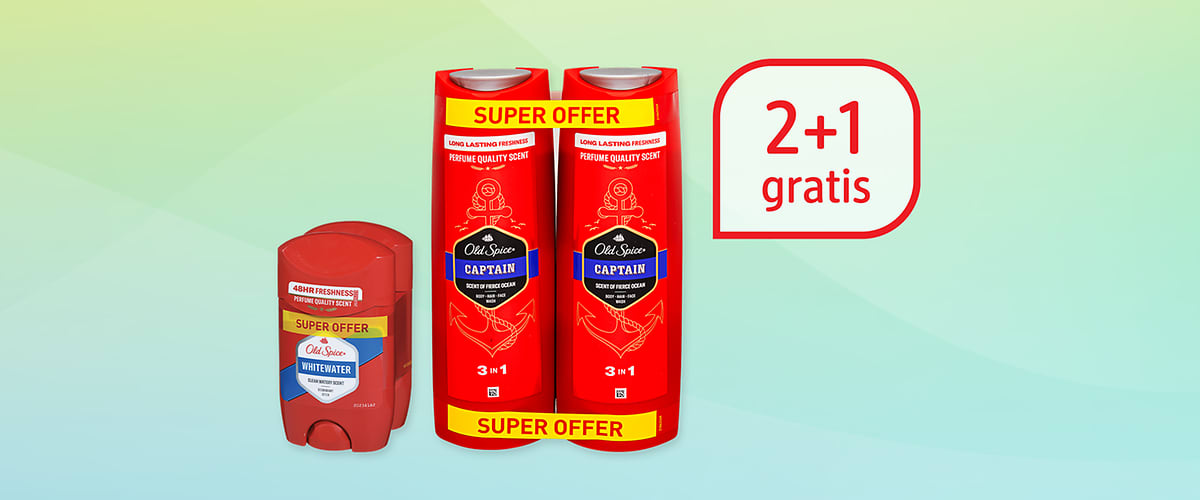 Alt-tekst: Paket Old Spice izdelkov z deodorantom in dvema geloma za tuširanje, oznaka 2+1 gratis.