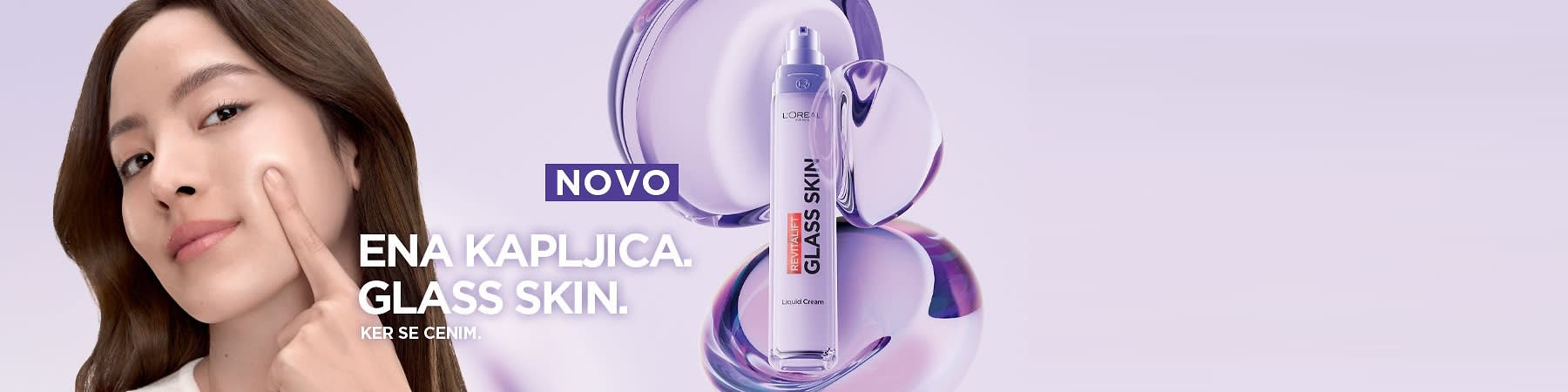 Alt-tekst: Steklenička kreme Glass Skin na vijoličnem ozadju.