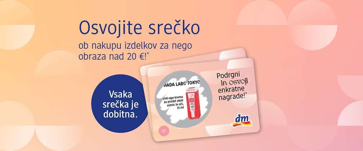 Alt-tekst: Promocijski plakat za osvojitev srečke ob nakupu izdelkov za nego obraza nad 20 €.