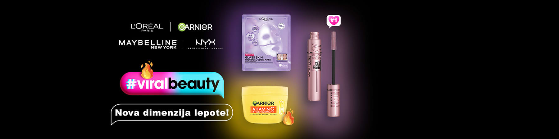 Oglasi lepotnih znamk L'Oréal Garnier Maybelline NYX z izdelki za nego kože in maskaro